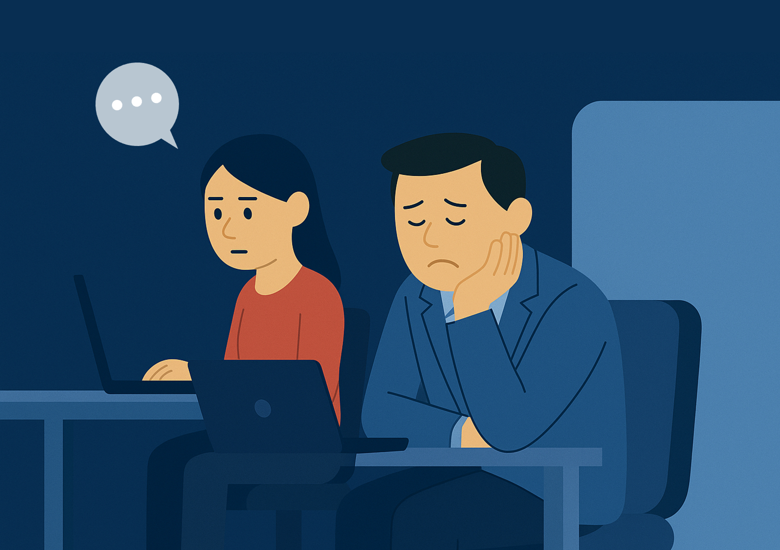 사내 회의 중 서로 대화 없이 침묵하는 직장인들 – 조직 내 소통 부재와 커뮤니케이션 문제 상황 예시